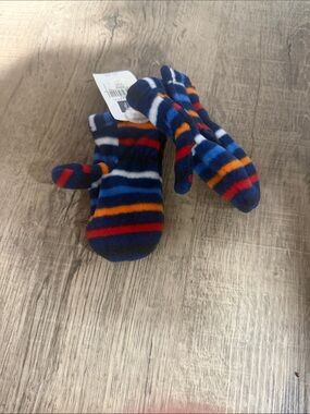 GAP Navy Fleece Mittens with Blue, Red & Orange Stripes